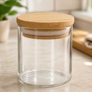 Pot en verre transparent avec couvercle en bambou