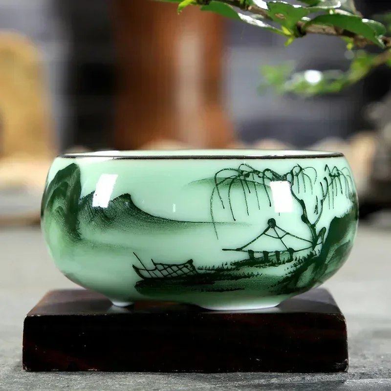 Tasse à thé céladon paysage et carpes 80 ml