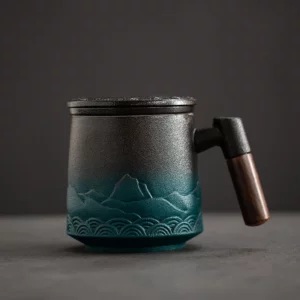 Tasse à thé avec couvercle, passoire en céramique, grande tasse à thé de bureau, poignée en bois, tasses originales vintage japonaises, cadeau de luxe, standard