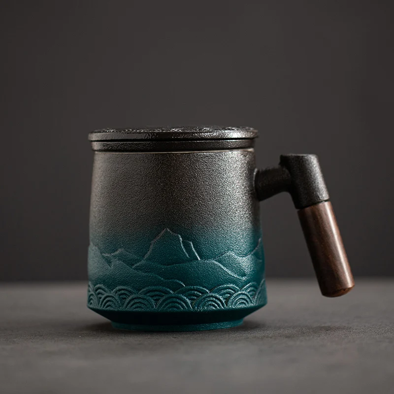 Tasse à thé avec couvercle, passoire en céramique, grande tasse à thé de bureau, poignée en bois, tasses originales vintage japonaises, cadeau de luxe, standard