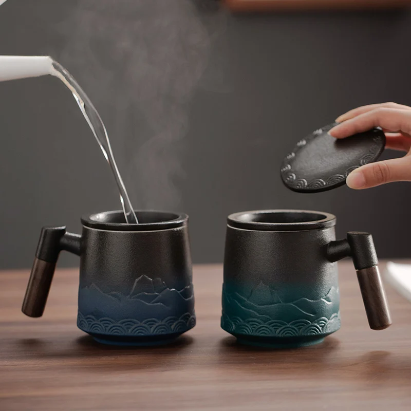 Tasse à thé avec couvercle, passoire en céramique, grande tasse à thé de bureau, poignée en bois, tasses originales vintage japonaises, cadeau de luxe, standard