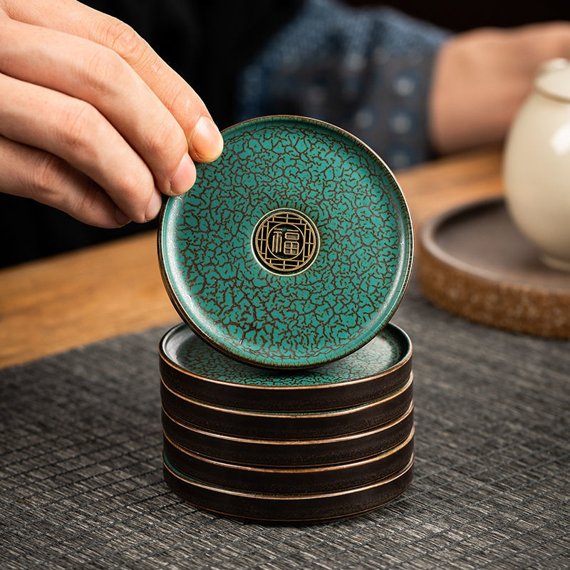 Dessous de verre nordique en céramique plaqué or vert foncé, tasse à thé, service à thé, accessoires, Mini petit plateau, décoration de la maison, artisanat en porcelaine